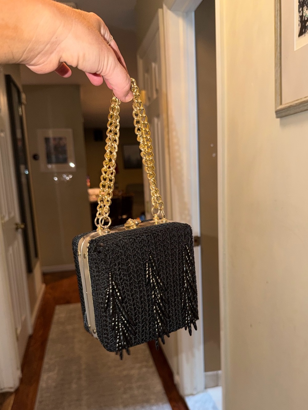 Vintage Made in Italy Black Fringe Mini Bag Gold Chain Evening Purse